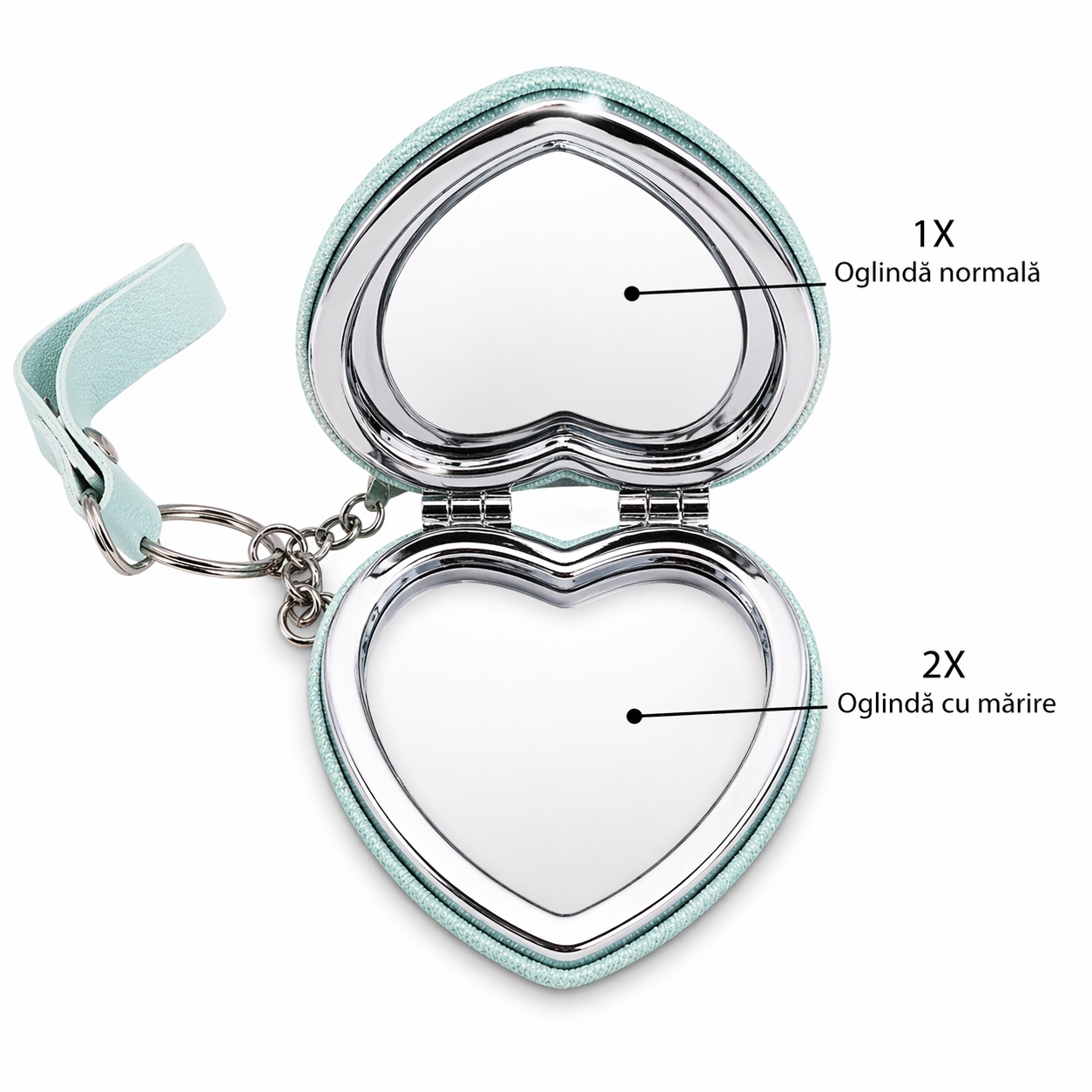 Set 12 oglinzi cosmetice 7 cm, model inimă, design elegant cu breloc 3