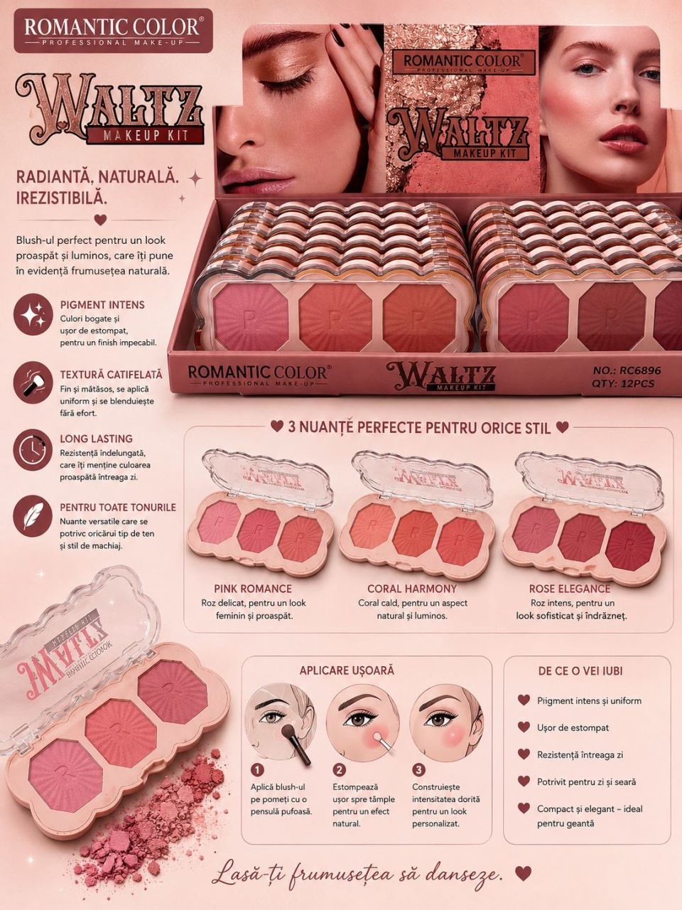 Set 12 Palete Blush Romantic Color Waltz Makeup Kit – 3 Nuanțe de Blush, Pigment Intens 2