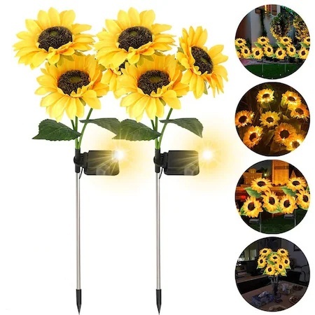 Set 2 Lumini Solare de Grădină LED cu Floarea-soarelui, Tulpini Ajustabile, 68x15 cm, Galben