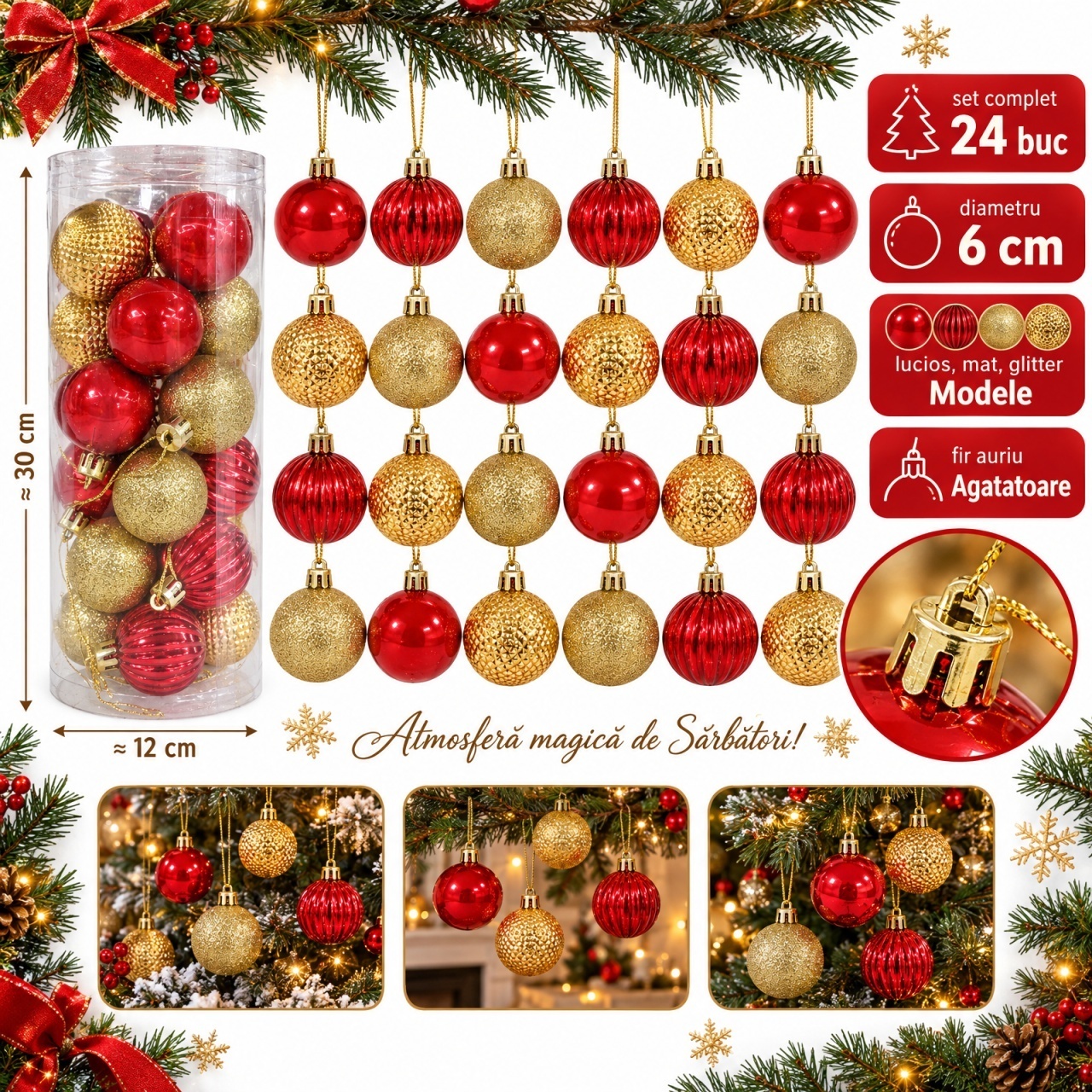 Set 24 globuri de Craciun, rosu si auriu, 6 cm, plastic, diverse modele