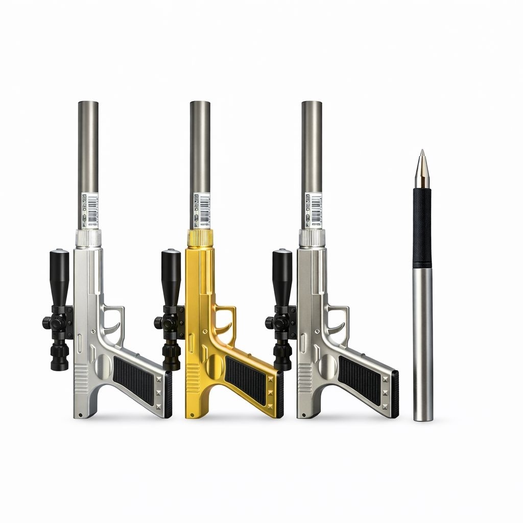 Set 24 pixuri cu pastă model pistol cu lunetă, design metalic decorativ, cu lumina led