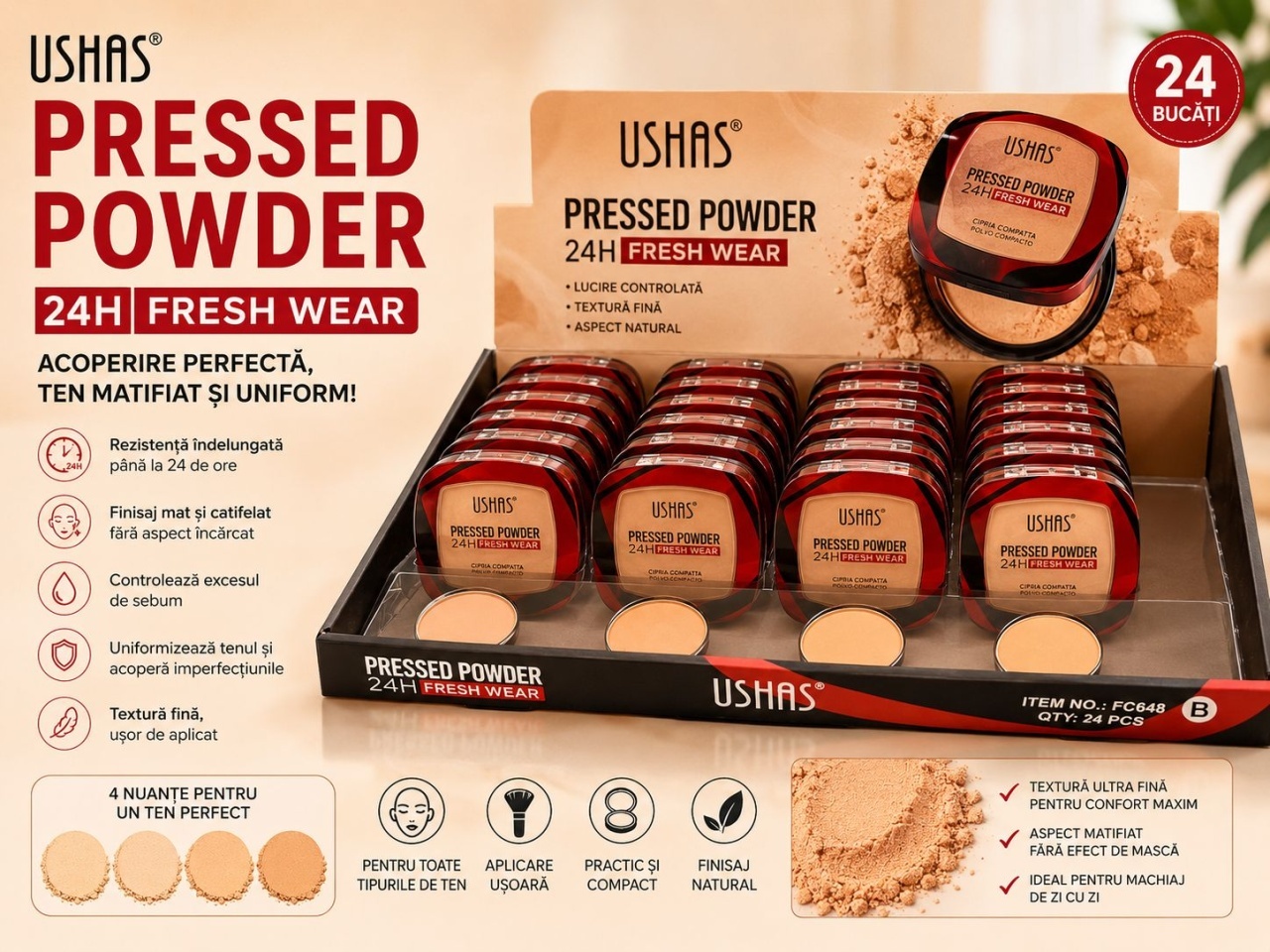 Set 24 Pudre Compacte USHAS Pressed Powder 24H Fresh Wear – Efect Matifiant și Acoperire Naturală 2