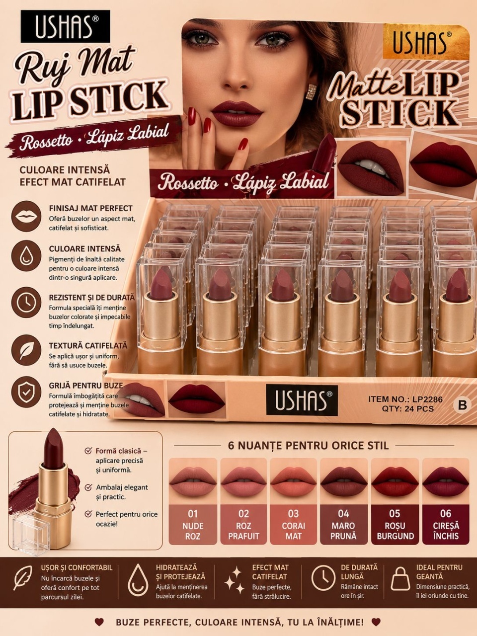 Set 24 Rujuri Mate USHAS Matte Lipstick – 6 Nuanțe Elegante, Culoare Intensă și Rezistență Îndelungată 2
