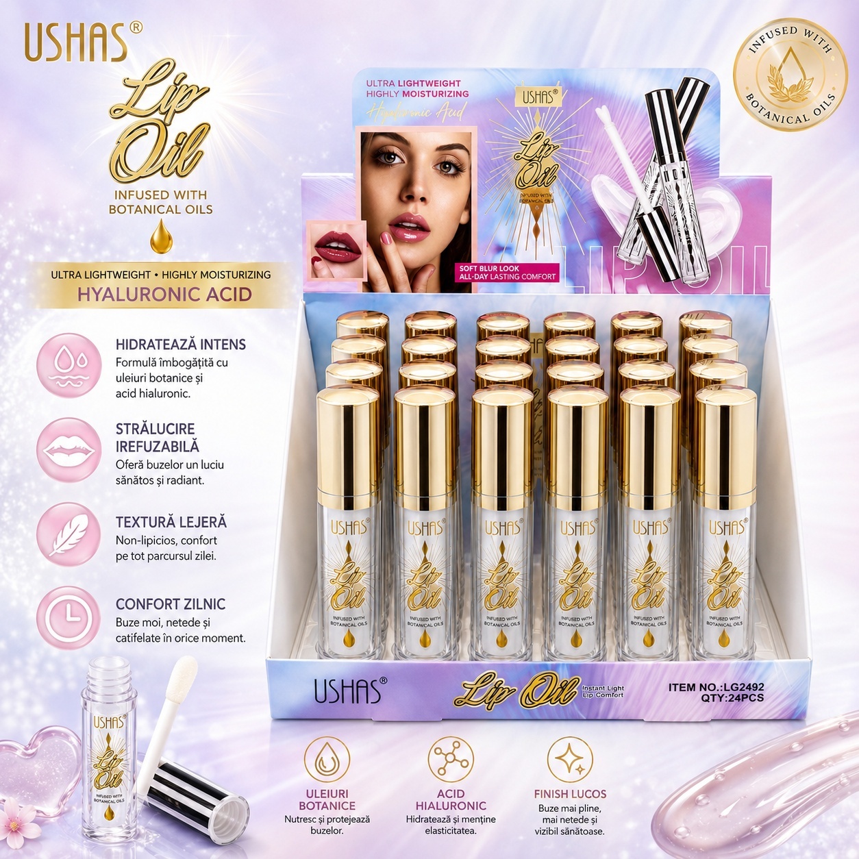 Set 24 Uleiuri de Buze USHAS cu Acid Hialuronic – Hidratare Intensă și Strălucire Naturală 2