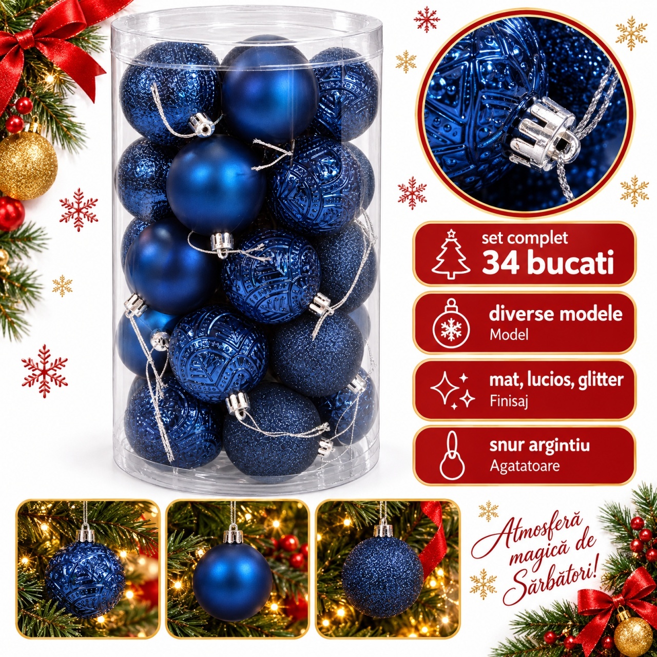 Set 34 globuri de Crăciun albastru închis, modele diverse, mate, lucioase, sclipici, 41x23 cm