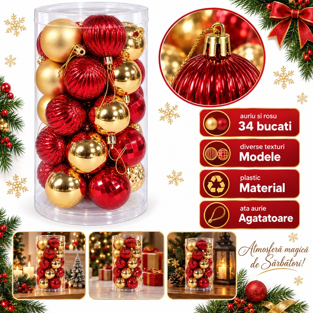 Set 34 globuri de Crăciun, auriu și roșu, diverse modele, plastic, tub 44 × 23 cm