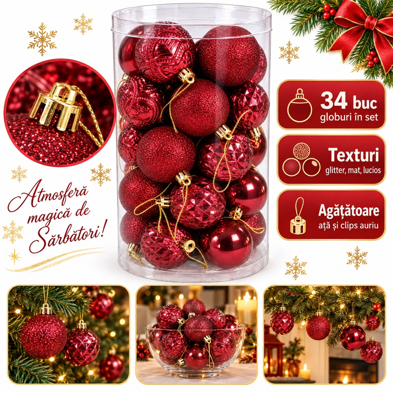 Set 34 globuri de Crăciun bordo, texturi glitter mat lucios, plastic, tub 40 x 22 cm