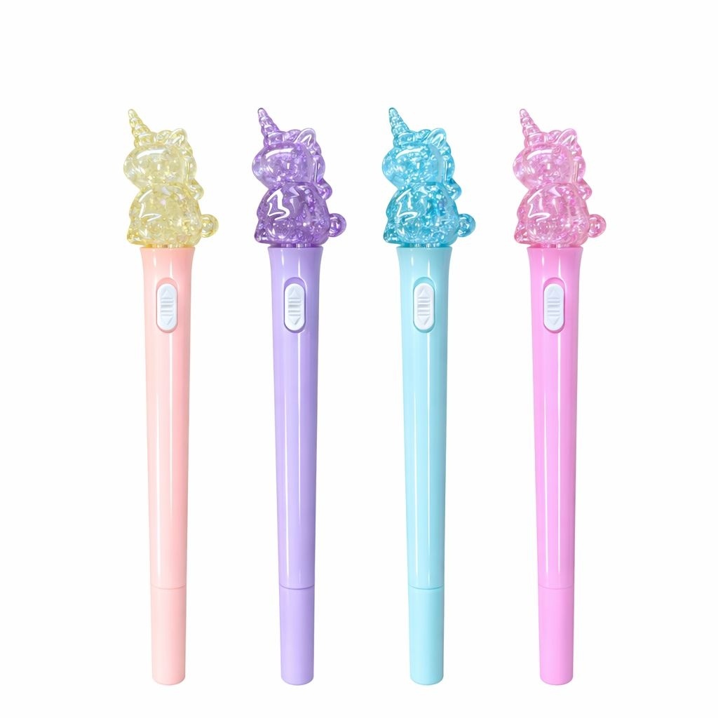 Set 36 pixuri cu lumină LED și figurină unicorn transparentă, model colorat pentru copii