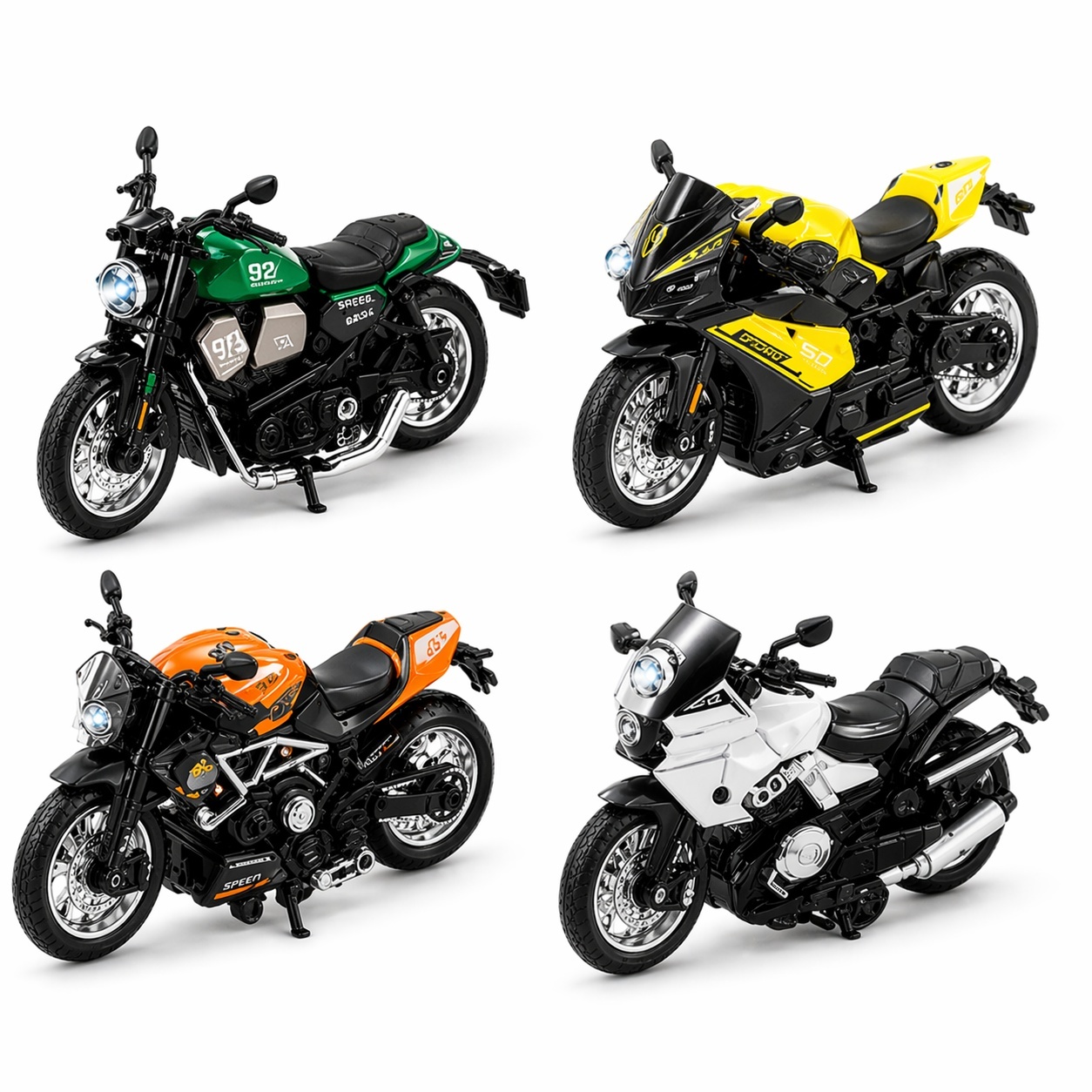 Set 48 motociclete metalice die-cast 1:32 cu lumini si sunet, stand display 3