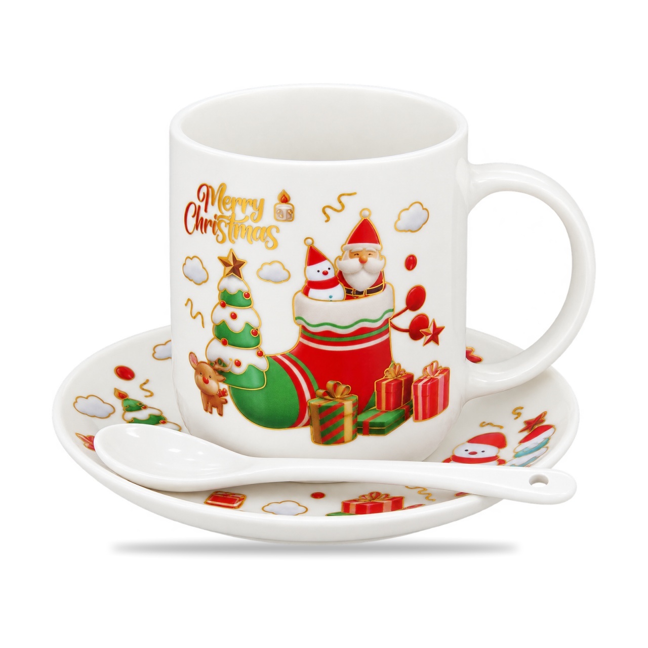 Set cadou de Crăciun cană ceramică cu farfurioară și linguriță, 3 piese, 16x18cm