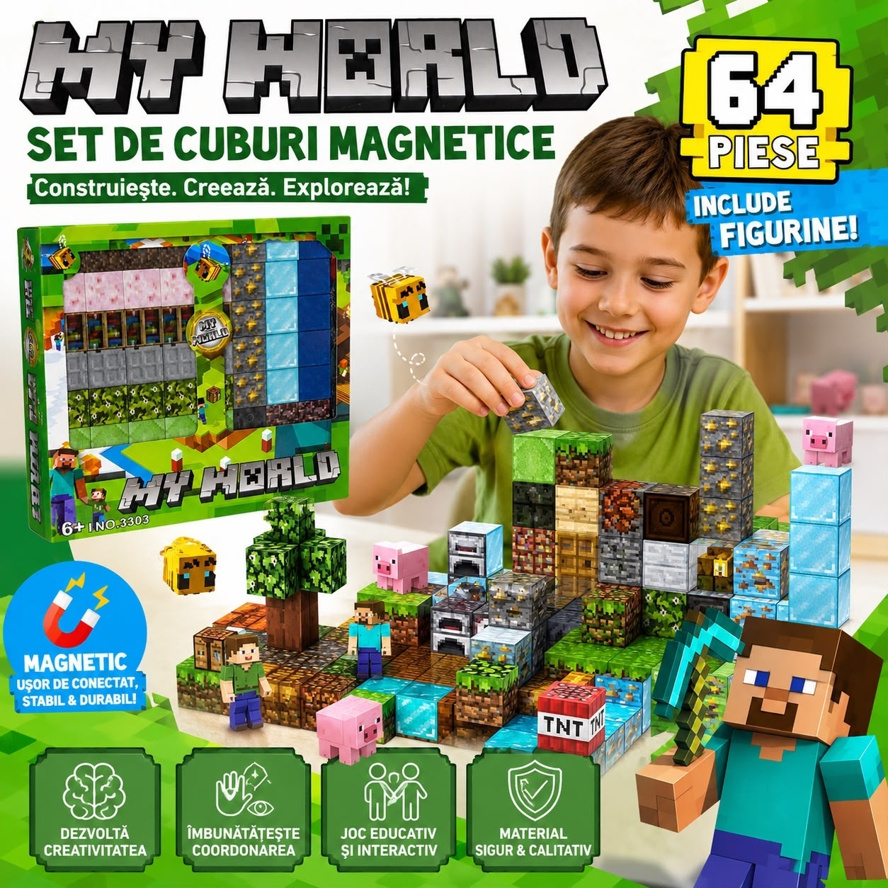 Set Cuburi Magnetice de Construcție, 64 Piese cu Figurine, Joc Educativ și Creativ pentru Copii 3
