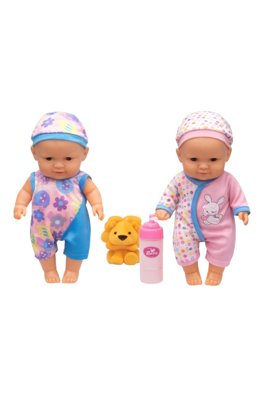 Set de 2 Păpuși Bebelus cu Jucărie și Biberon din Plastic, 28 cm 2