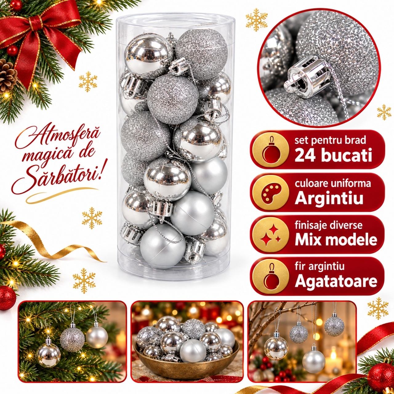 Set de 24 globuri de brad, Argintii , din plastic, modele diverse, 20 × 7,5 cm