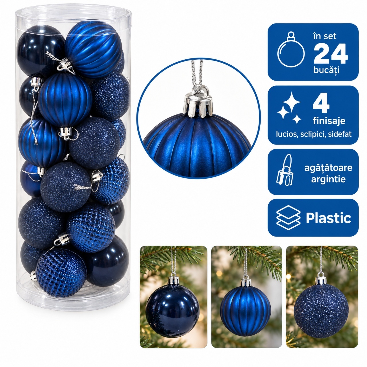 Set de 24 globuri de Craciun, albastre, modele asortate in set, din plastic, 50 × 16 cm