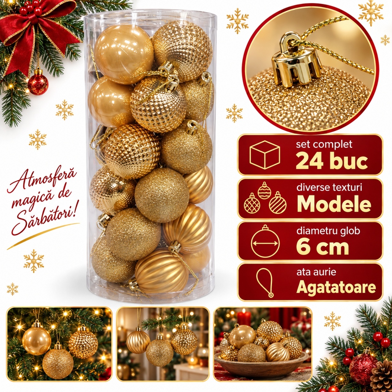 Set de 24 globuri de Crăciun aurii, din plastic, diverse modele in set, cu agățătoare