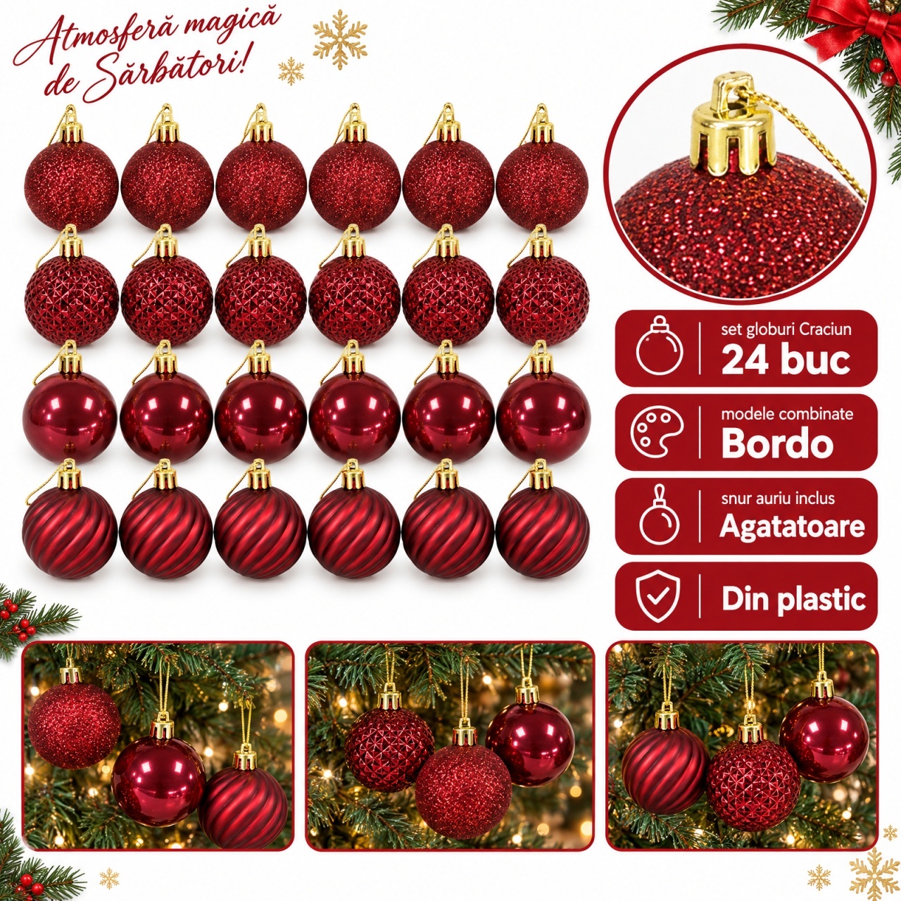 Set de 24 globuri de Crăciun , bordo, din plastic, modele diverse in set
