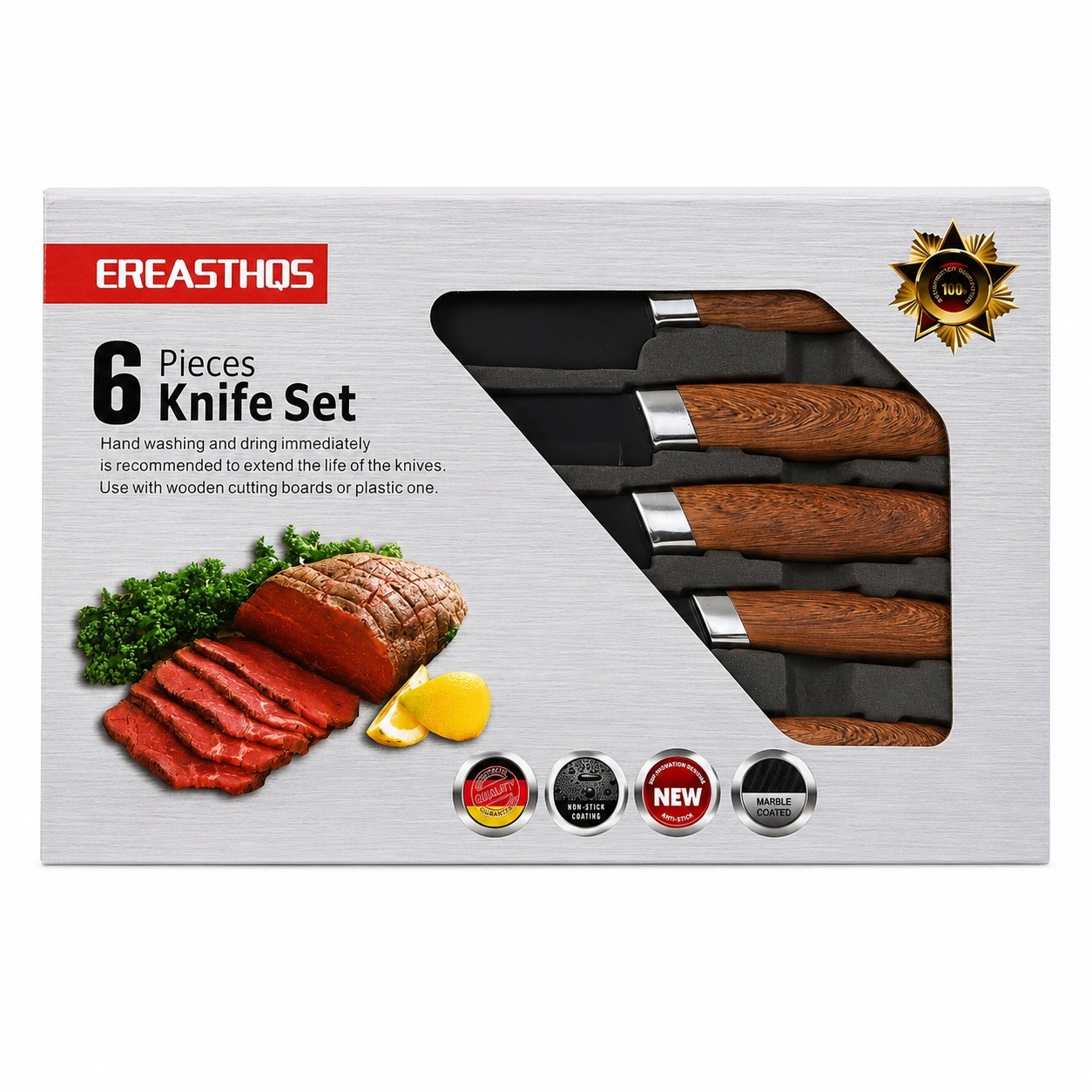 Set de 5 cutite de bucatarie si curatator legume, invelis marmura, maner ergonomic