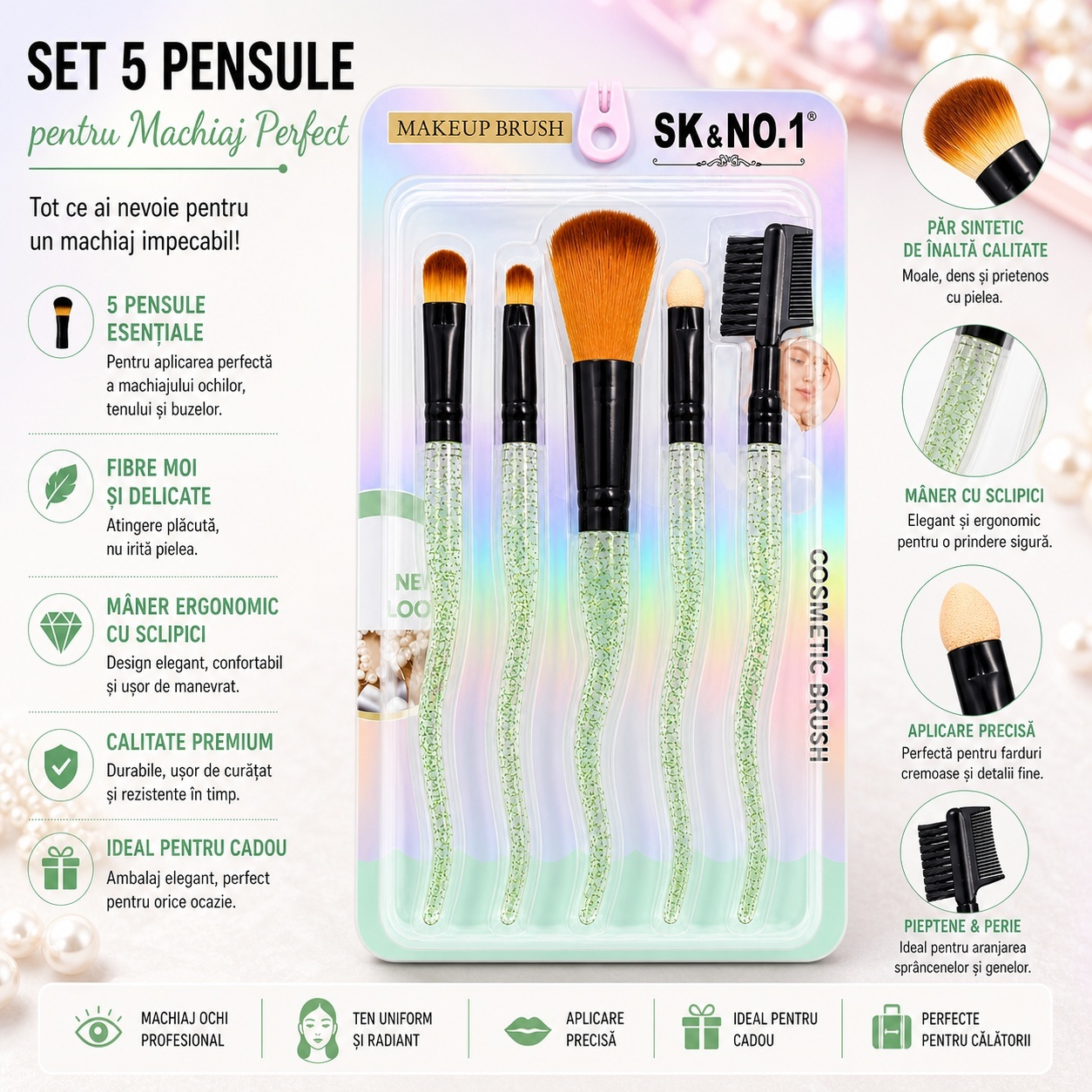 Set de 5 Pensule Profesionale pentru Machiaj – Mânere cu Sclipici Verde și Fibre Ultra-Moi 2