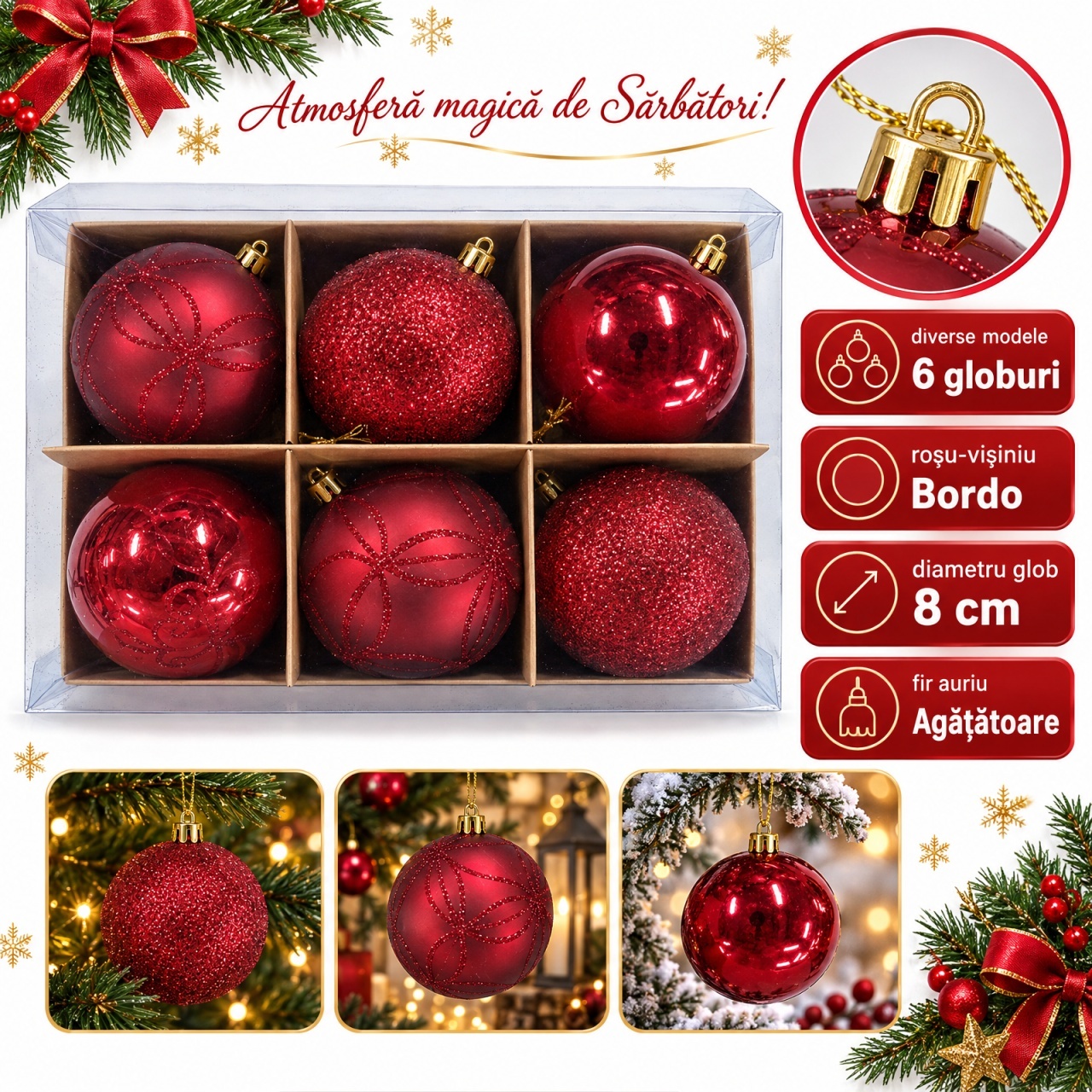 Set de 6 globuri de Crăciun bordo, diverse modele cu sclipici in set, din plastic, 8 cm