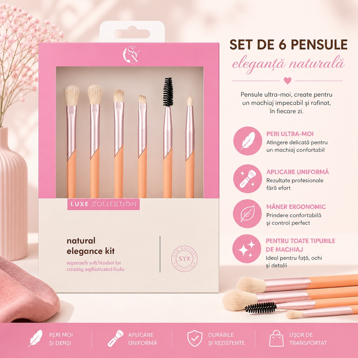 Set de 6 Pensule Profesionale Machiaj Luxe Collection Roz – Peri Ultra-Moi și Design Elegant 2