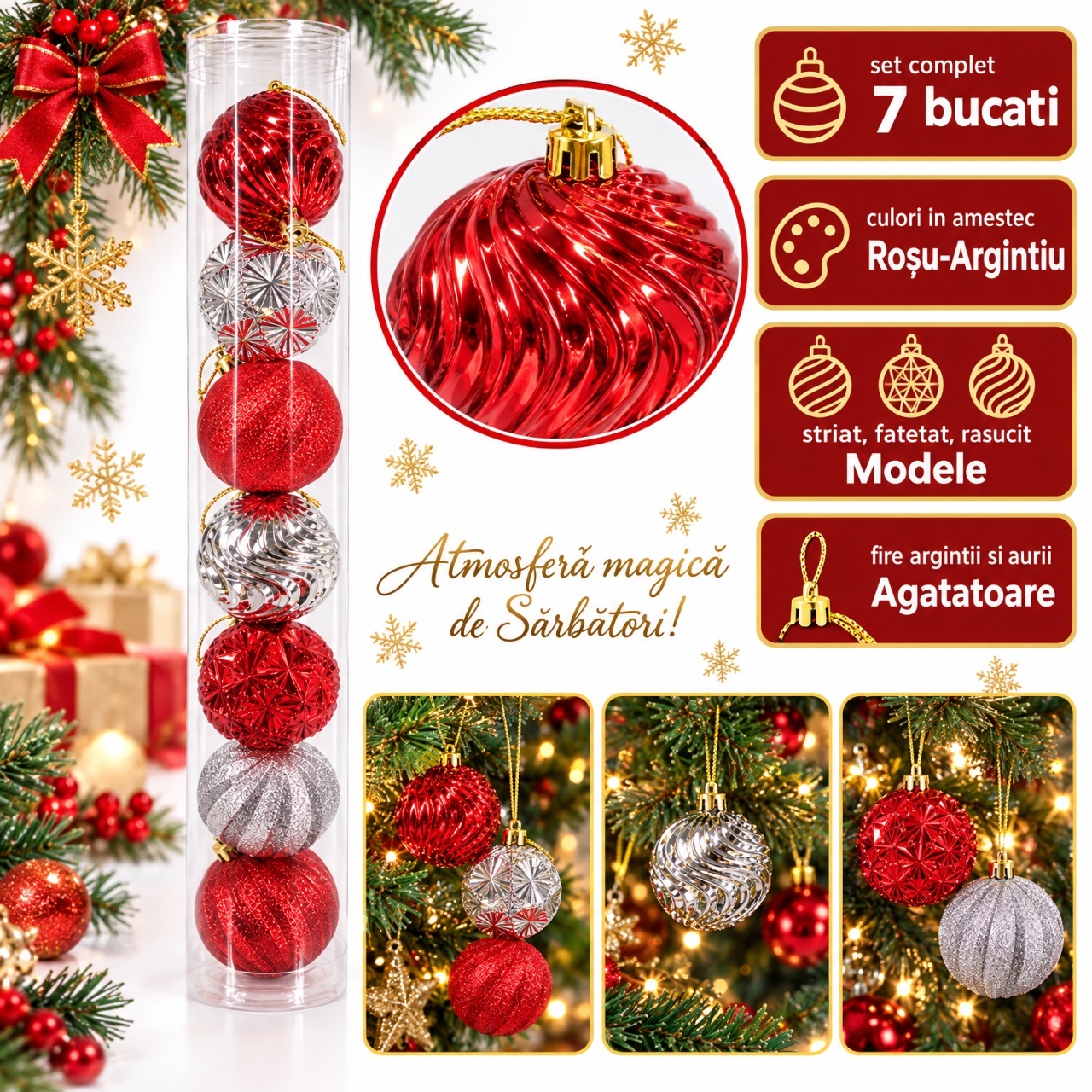 Set de 7 globuri pentru brad, din plastic, roșu-argintiu, modele diverse in set, 6 cm