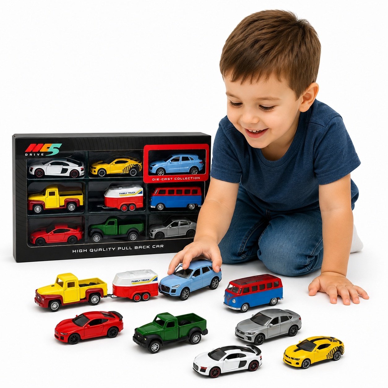 Set de 9 masinute metalice die-cast, modele diverse, functie pull back, 10cm 2