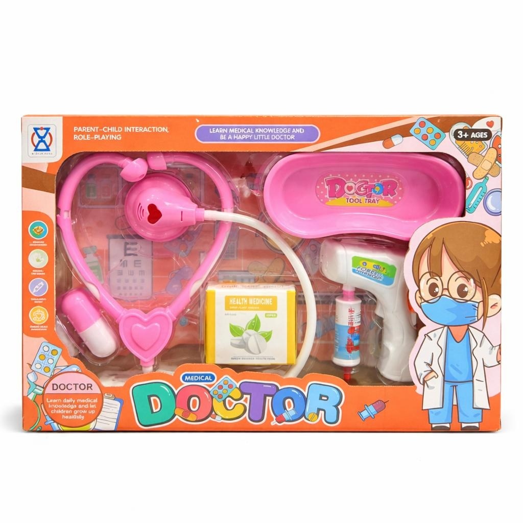 Set doctor copii cu stetoscop si accesorii medicale, trusa roz