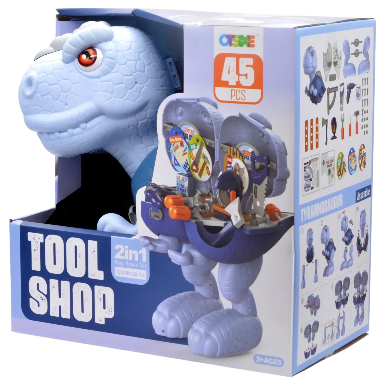 Set jucărie Dinozaur 2 în 1 pentru asamblare, din plastic, cu set de scule, 45 de piese