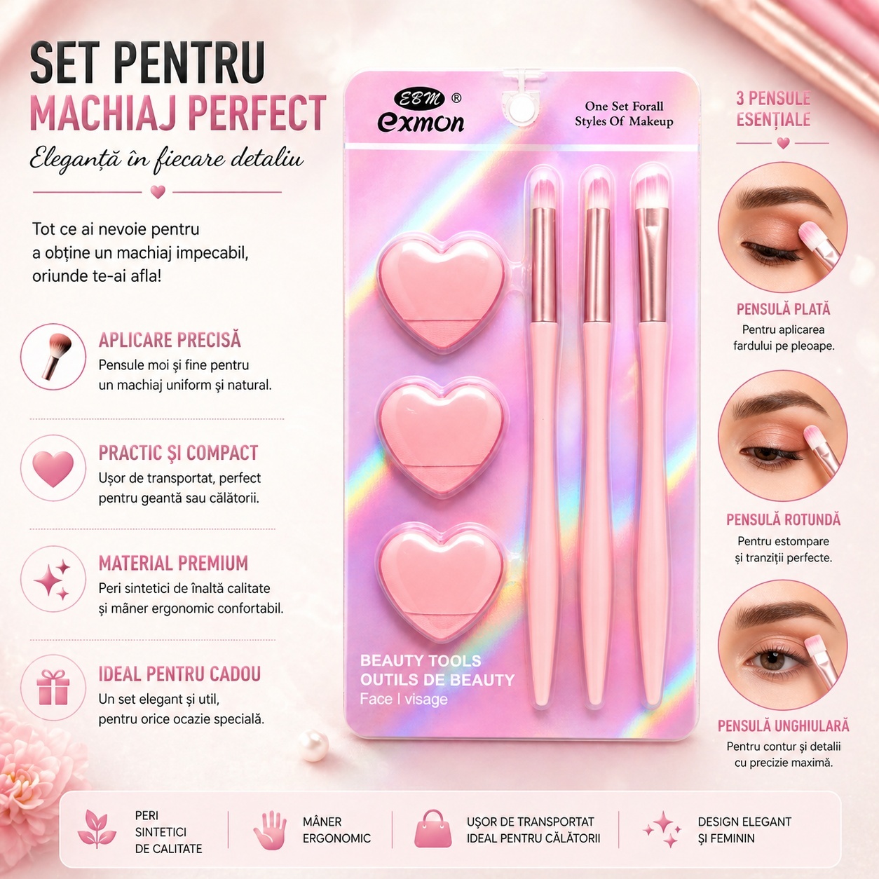 Set Pensule și Bureței Machiaj Roz – 3 Pensule Profesionale și 3 Bureței pentru Makeup Perfect 2