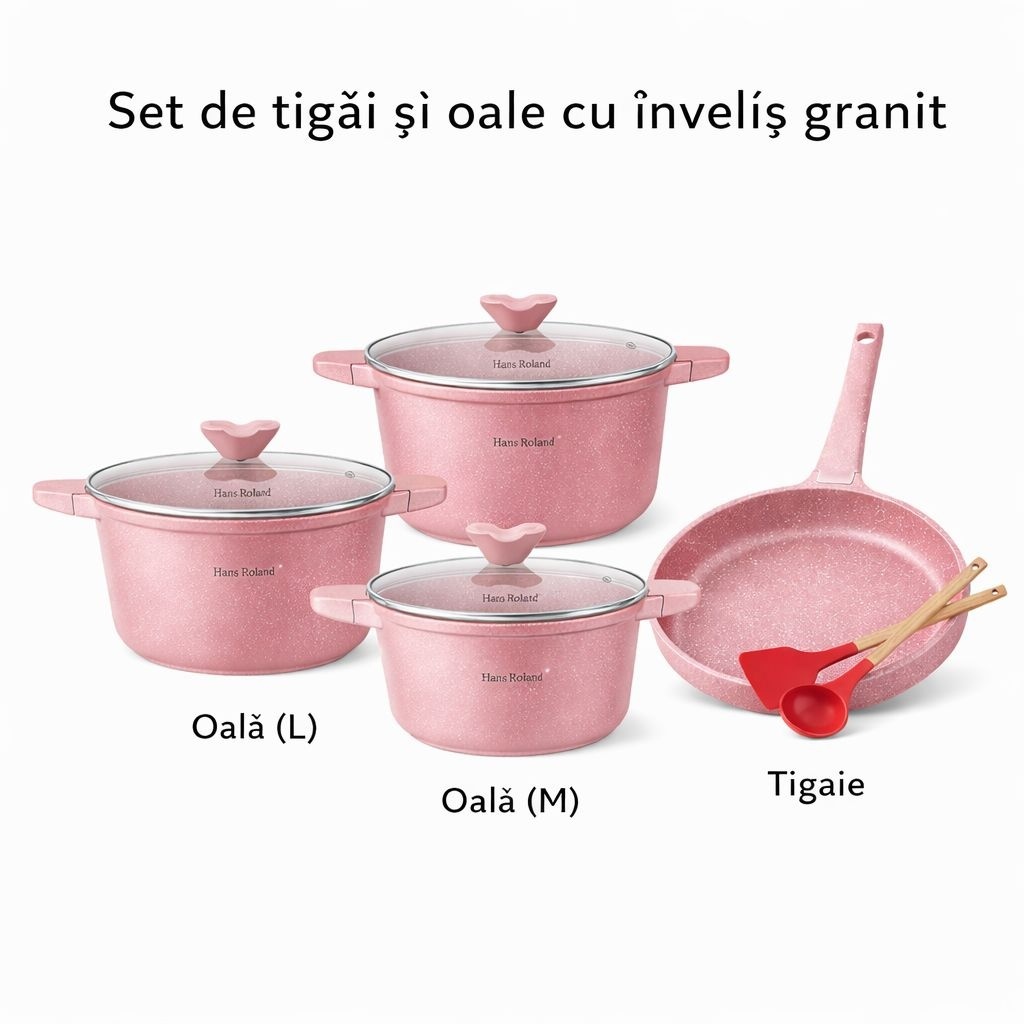 Set tigăi și oale cu înveliș granit antiaderent, capace sticlă, 7 piese, Roz