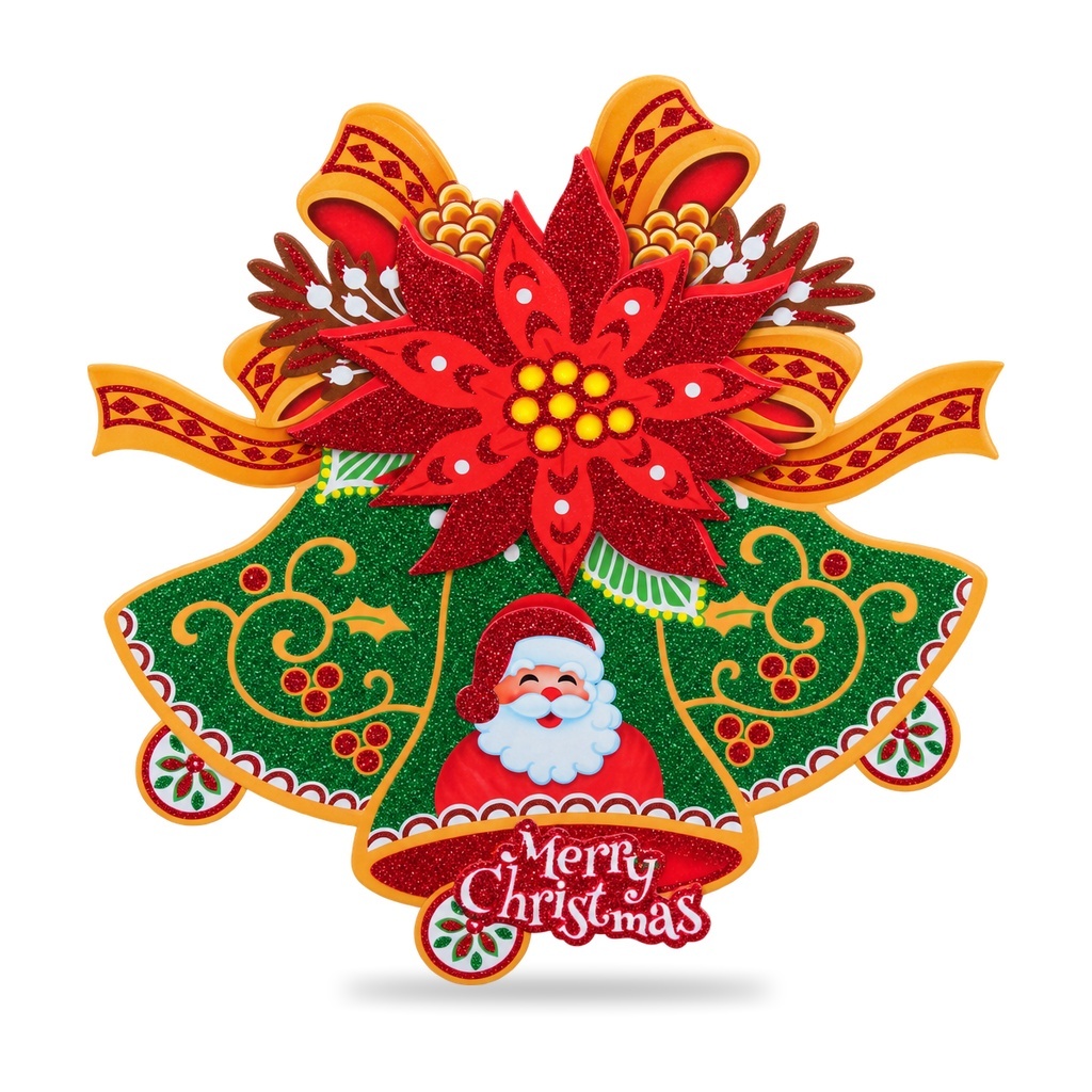 Sticker decorativ de Craciun cu clopotei, glitter, pentru geam si vitrina, 27x25cm