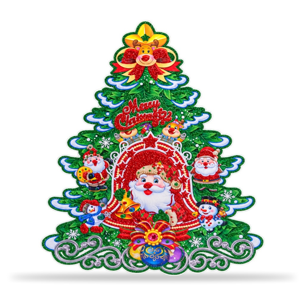 Sticker decorativ de Craciun pentru geam, model brad cu Mos Craciun si reni, 45x35cm