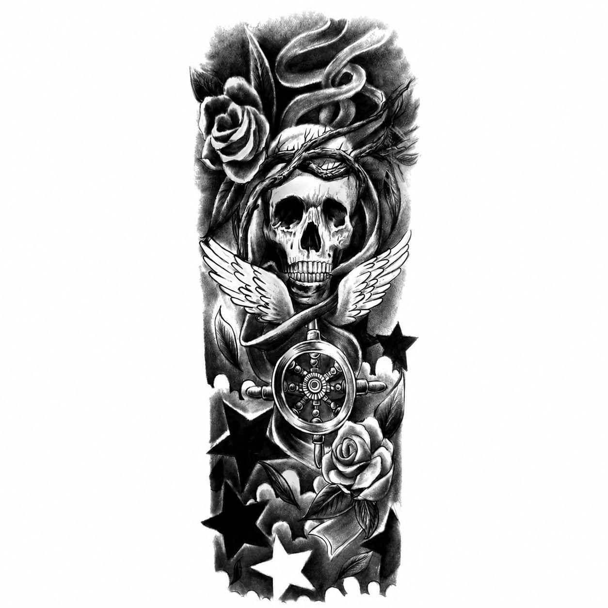 Tatuaj Semipermanent cu Craniu, Trandafiri și Simbol Nautic – 45 cm