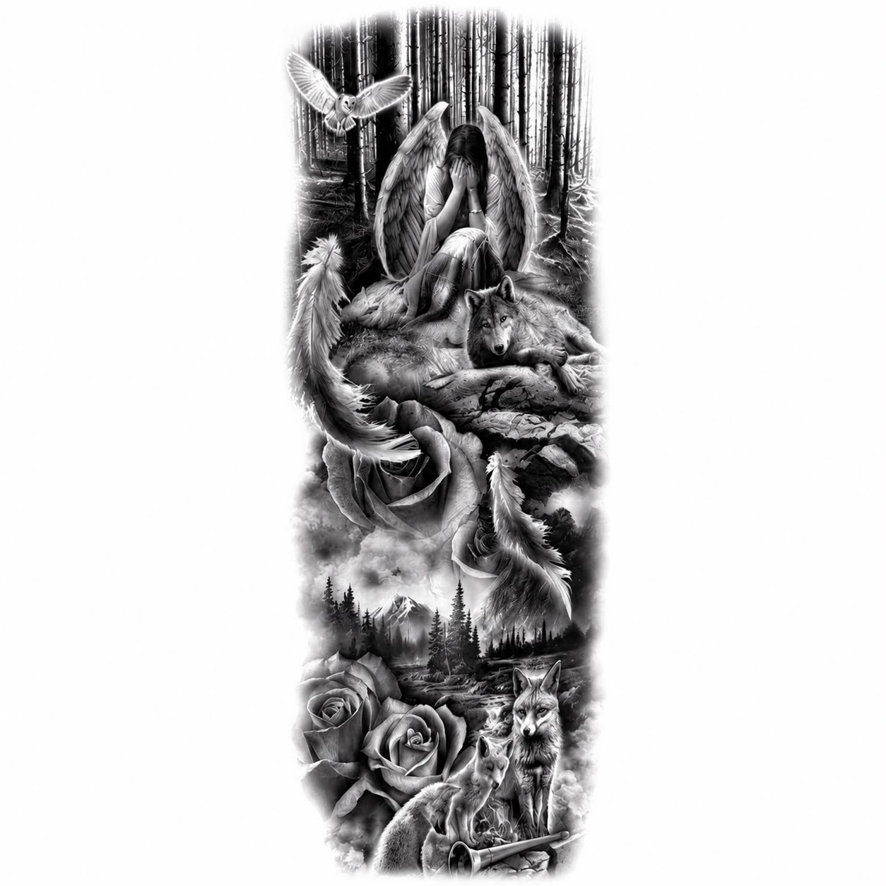 Tatuaj Semipermanent, Model Înger, Lup și Pădure, Realist – 45 cm