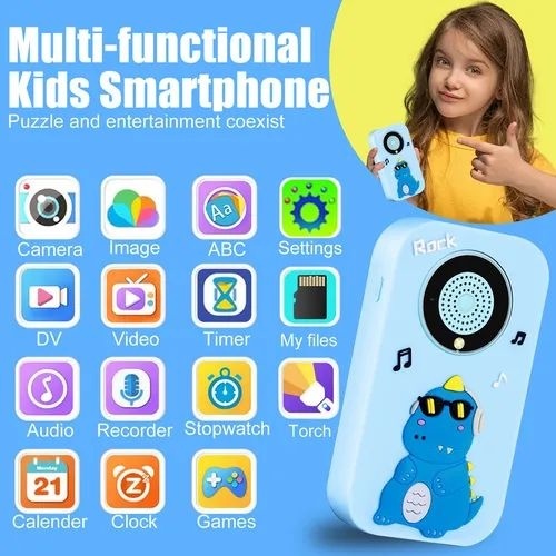 Telefon copii model dinozaur albastru cu camera jocuri muzica si ecran color 3
