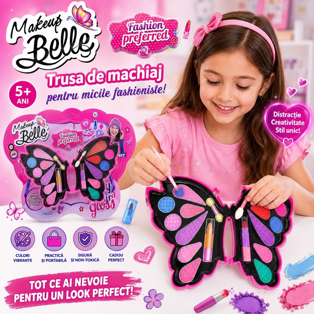 Trusă de Machiaj pentru Copii în Formă de Fluture, Makeup Belle, Set Cosmetic cu Oglindă și Accesorii 3