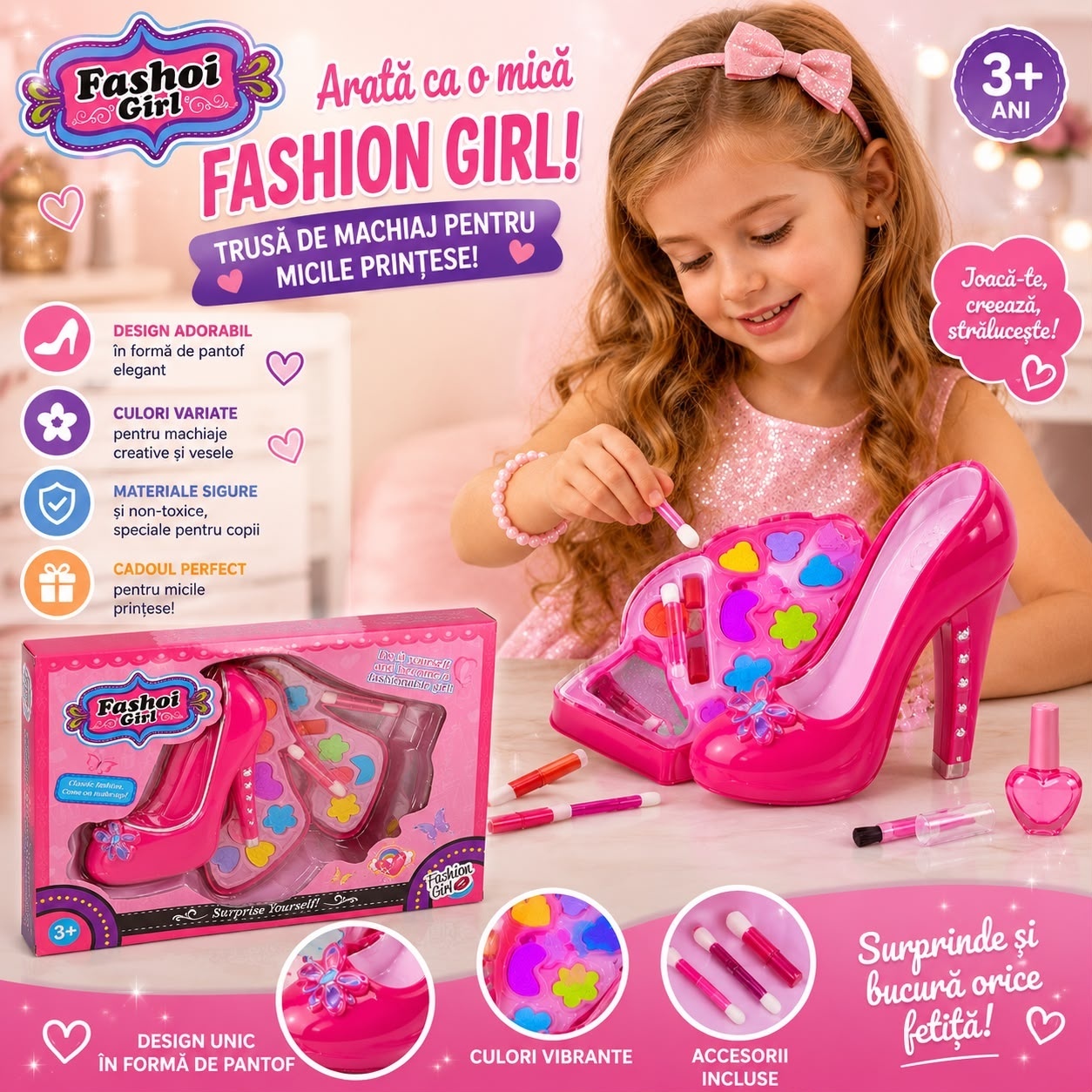 Trusă de Machiaj pentru Copii în Pantof Roz 15cm , Set Cosmetice de Joacă, Accesorii Beauty 2