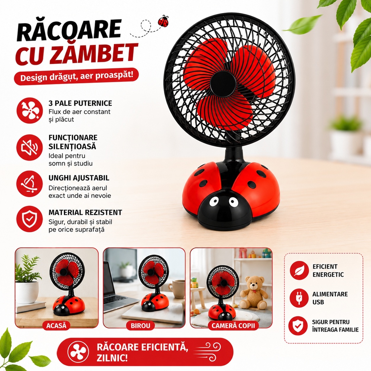 Ventilator de birou cu Buburuza 40 cm – Silențios, USB, Design Drăguț pentru Copii și Birou 4