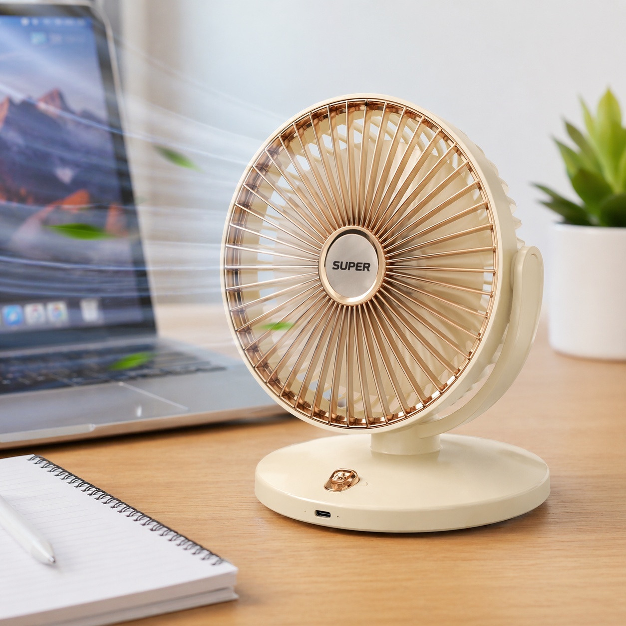 Ventilator de birou reincarcabil crem design compact elegant 3