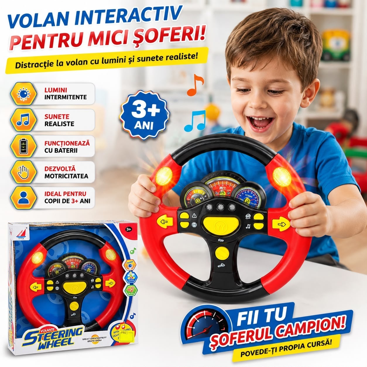 Volan Interactiv pentru Copii cu Lumini și Sunete, Funcționează cu Baterii, 3+ Ani – Jucărie Educativă