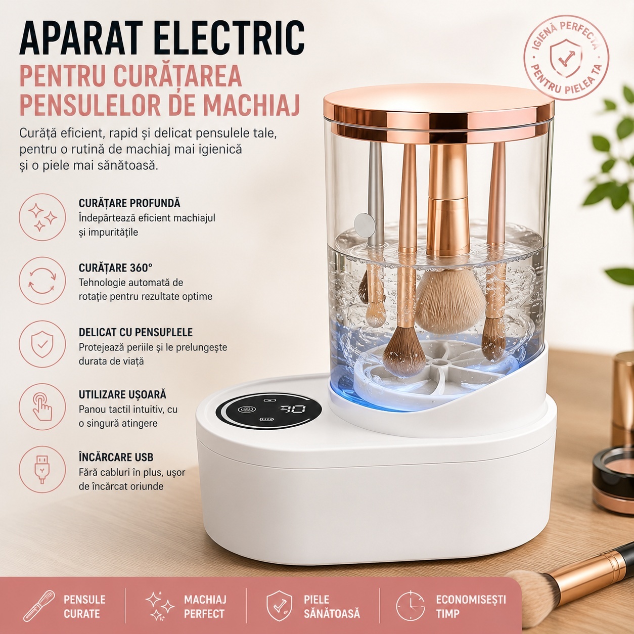 Aparat Electric pentru Curățare Pensule Machiaj 20 cm – Curățare Automată 360°, USB, 6W 4
