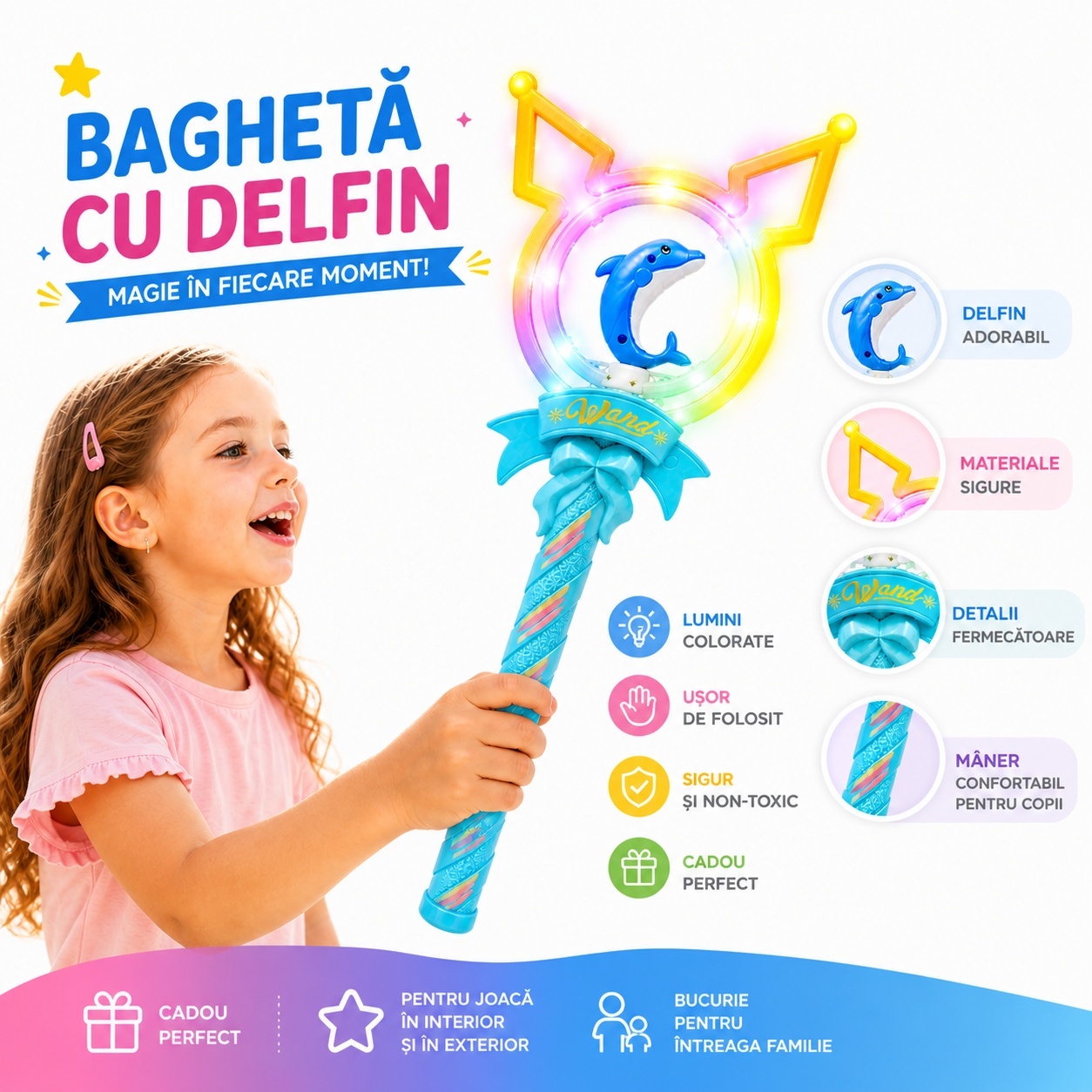 Baghetă magică cu lumini și delfin, albastru, 42 cm – jucărie copii cu efecte luminoase 3