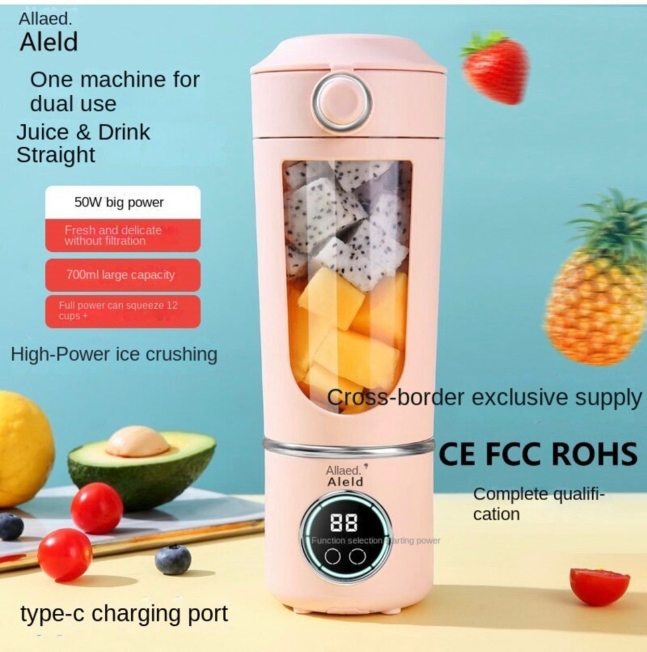 Blender portabil wireless 700ml cu 12 lame, 4 viteze si incarcare USB Type-C, roz 3