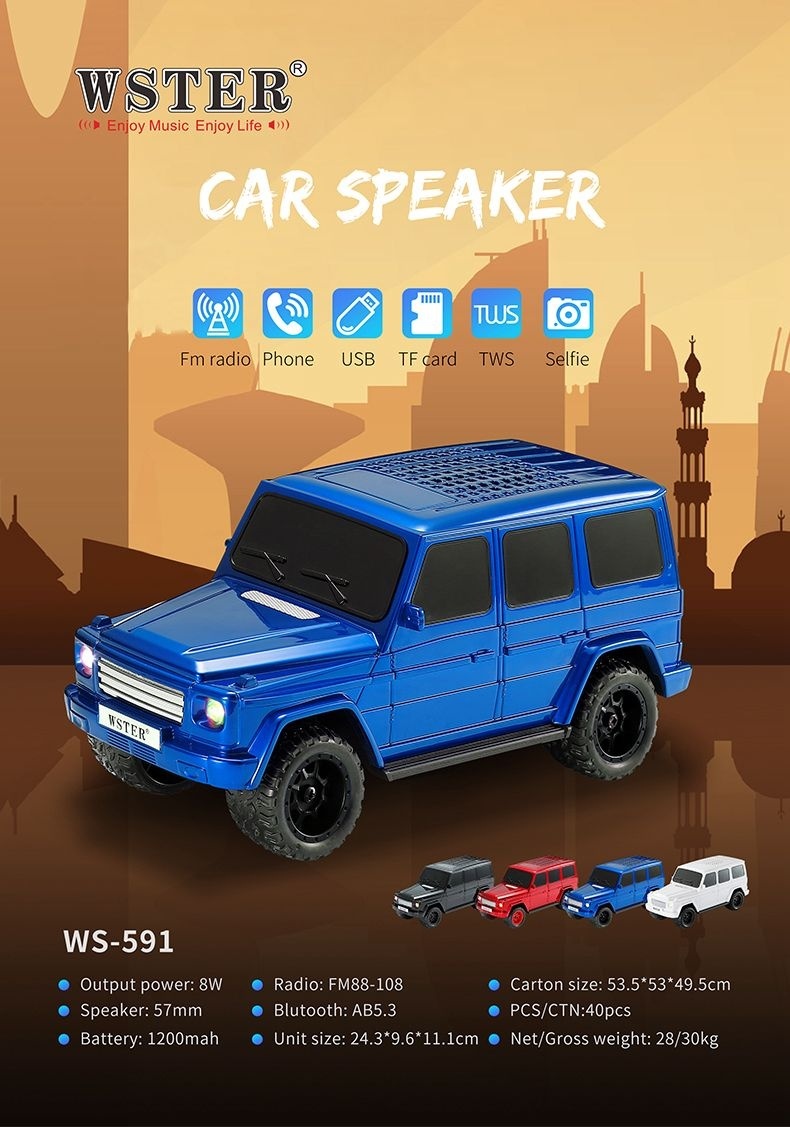 Boxa portabila wireless model masina SUV, 8W, Bluetooth, radio FM, USB, TF, albastra 2