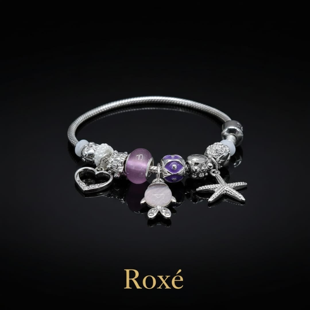 Bratara dama ROXE argintie cu charmuri pestisor si steluta, model elegant modern 2