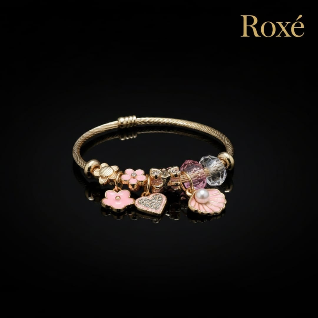 Bratara dama ROXE aurie cu charmuri flori si scoica, model elegant cu cristale 3