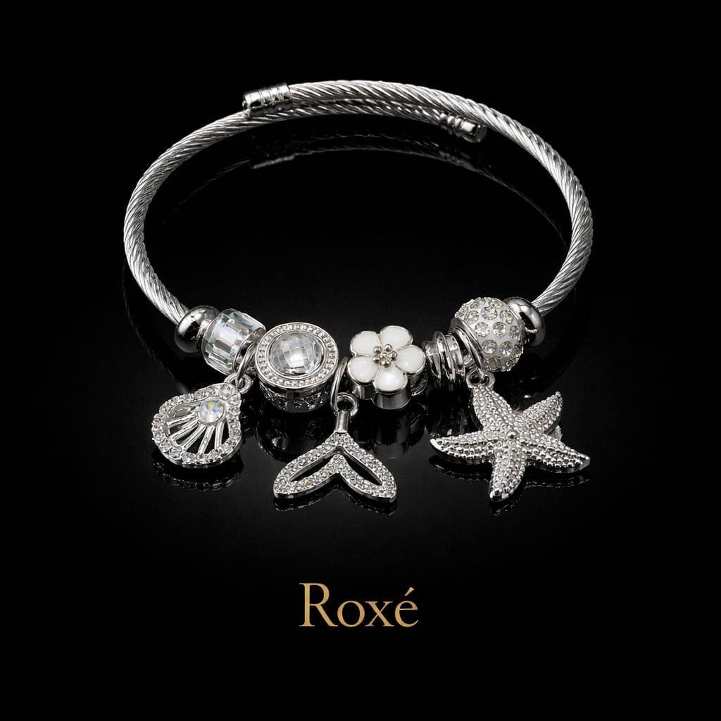 Bratara ROXE argintie cu scoica coada de sirena si stea de mare charmuri 4