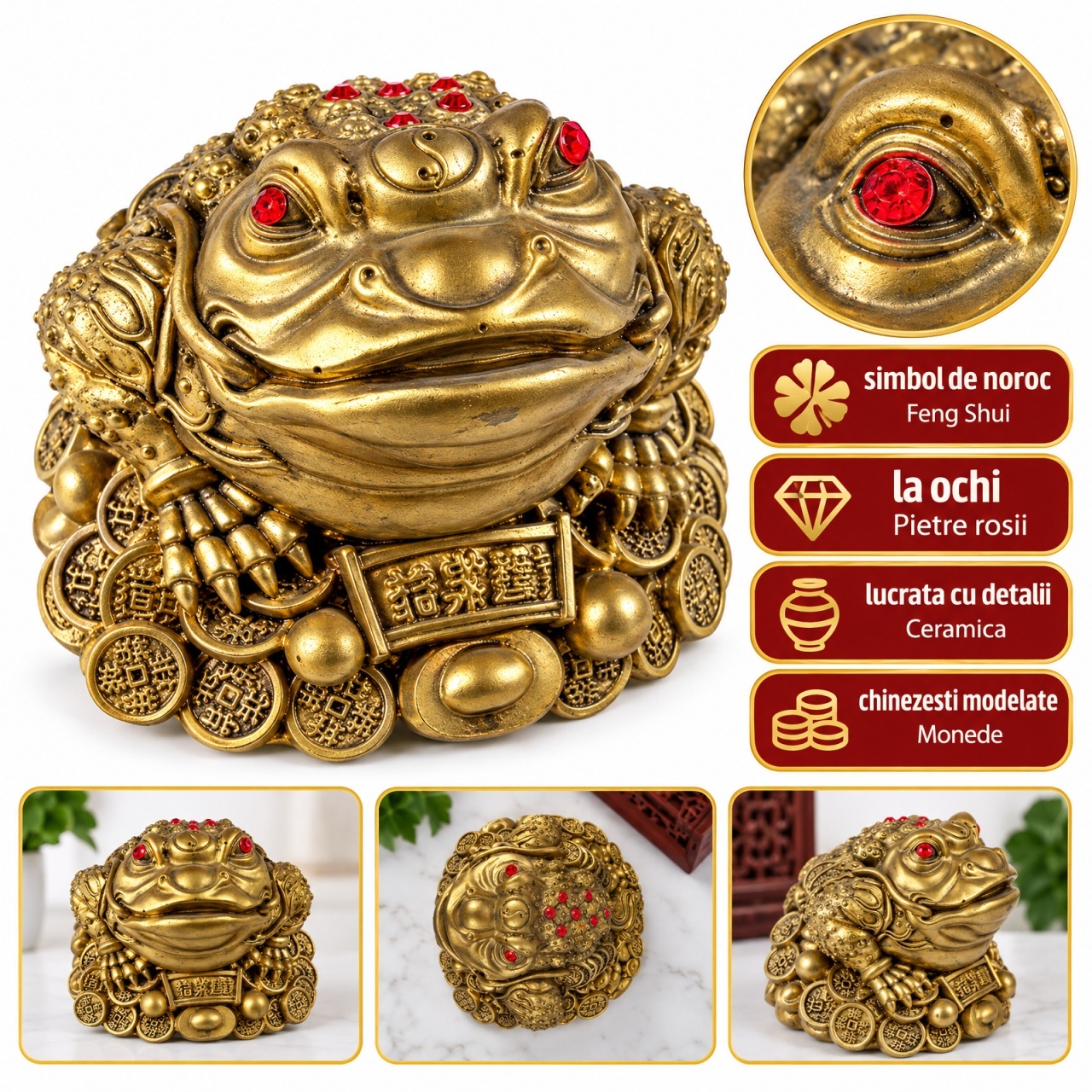 Broasca norocoasa feng shui din ceramica, pe monede chinezesti, auriu, 7 cm
