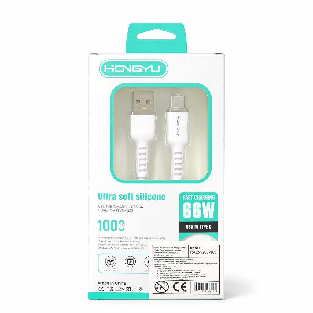 Cablu de încărcare și date USB Type-C Hongyu HY-CB04, silicon moale, 66W, 1m, alb 2
