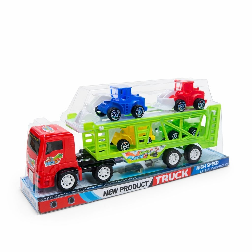 Camion rosu transport masini cu utilaje colorate, jucarie platforma copii 30 cm